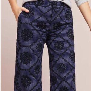 Anthropologie ETT TWA Embroidered Eyelet Wide Leg Pant Cotton Blue Black Size 6